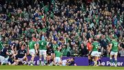 19 March 2022; Supporters cheer on Ireland's first try, scored by Dan Sheehan, 2, during the Guinness Six Nations Rugby Championship match between Ireland and Scotland at Aviva Stadium in Dublin. Photo by Brendan Moran/Sportsfile