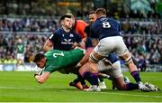 19 March 2022; Dan Sheehan of Ireland dives over to score his side's first try during the Guinness Six Nations Rugby Championship match between Ireland and Scotland at the Aviva Stadium in Dublin. Photo by Harry Murphy/Sportsfile