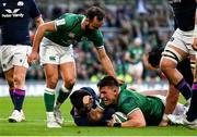 19 March 2022; Dan Sheehan of Ireland celebrates after scoring his side's first try with teammate Jamison Gibson Park during the Guinness Six Nations Rugby Championship match between Ireland and Scotland at the Aviva Stadium in Dublin. Photo by Harry Murphy/Sportsfile