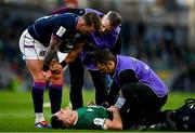 19 March 2022; Jonathan Sexton of Ireland receives treatment as Stuart Hogg of Scotland checks on him during the Guinness Six Nations Rugby Championship match between Ireland and Scotland at the Aviva Stadium in Dublin. Photo by Harry Murphy/Sportsfile