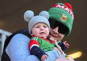 19 March 2022; Ronan Carey and his 6-month old daughter Anna, from Glencorrib, Mayo, before the Allianz Football League Division 1 match between Tyrone and Mayo at O'Neill's Healy Park in Omagh, Tyrone. Photo by Stephen McCarthy/Sportsfile