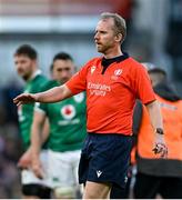 19 March 2022; Referee Wayne Barnes during the Guinness Six Nations Rugby Championship match between Ireland and Scotland at Aviva Stadium in Dublin. Photo by Ramsey Cardy/Sportsfile