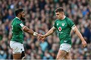 19 March 2022; Bundee Aki, left, and Garry Ringrose of Ireland during the Guinness Six Nations Rugby Championship match between Ireland and Scotland at Aviva Stadium in Dublin. Photo by Ramsey Cardy/Sportsfile