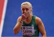 19 March 2022; Sarah Lavin of Ireland, reacts after finishing second in her women's 60m hurdles semi-final with a new personal best of 7.97 seconds during day two of the World Indoor Athletics Championships at the Štark Arena in Belgrade, Serbia. Photo by Sam Barnes/Sportsfile