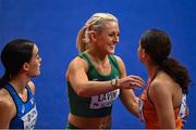 19 March 2022; Sarah Lavin of Ireland, centre, is congratulated by Elisa Maria Di Lazzaro of Italy, left, and Zoë Sedney of Netherlands after finishing second in her women's 60m hurdles semi-final with a new personal best of 7.97 seconds during day two of the World Indoor Athletics Championships at the Štark Arena in Belgrade, Serbia. Photo by Sam Barnes/Sportsfile