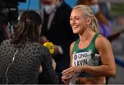 19 March 2022; Sarah Lavin of Ireland is interviewed by BBC Sport after finishing second in her women's 60m hurdles semi-final with a new personal best of 7.97 seconds during day two of the World Indoor Athletics Championships at the Štark Arena in Belgrade, Serbia. Photo by Sam Barnes/Sportsfile