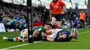 19 March 2022; Stuart Hogg of Scotland is tackled into touch by Hugo Keenan of Ireland during the Guinness Six Nations Rugby Championship match between Ireland and Scotland at Aviva Stadium in Dublin. Photo by Ramsey Cardy/Sportsfile