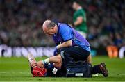 19 March 2022; George Turner of Scotland receives medical attention during the Guinness Six Nations Rugby Championship match between Ireland and Scotland at Aviva Stadium in Dublin. Photo by Brendan Moran/Sportsfile
