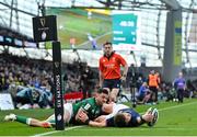 19 March 2022; Stuart Hogg of Scotland is tackled into touch by Hugo Keenan of Ireland during the Guinness Six Nations Rugby Championship match between Ireland and Scotland at Aviva Stadium in Dublin. Photo by Ramsey Cardy/Sportsfile