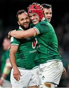 19 March 2022; Josh van der Flier of Ireland, right, celebrates with teammate Jamison Gibson Park after scoring their side's third try during the Guinness Six Nations Rugby Championship match between Ireland and Scotland at Aviva Stadium in Dublin. Photo by Harry Murphy/Sportsfile