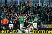 19 March 2022; Jonathan Sexton of Ireland celebrates his side's third try, scored by Josh van der Flier, during the Guinness Six Nations Rugby Championship match between Ireland and Scotland at Aviva Stadium in Dublin. Photo by Ramsey Cardy/Sportsfile