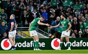 19 March 2022; Jonathan Sexton, left, and Jamison Gibson Park of Ireland celebrate their side's third try during the Guinness Six Nations Rugby Championship match between Ireland and Scotland at Aviva Stadium in Dublin. Photo by Ramsey Cardy/Sportsfile