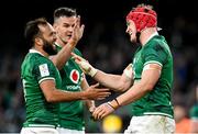 19 March 2022; Josh van der Flier of Ireland celebrates with teammate Jamison Gibson Park, left, after scoring their side's third try during the Guinness Six Nations Rugby Championship match between Ireland and Scotland at Aviva Stadium in Dublin. Photo by Harry Murphy/Sportsfile