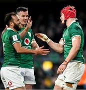 19 March 2022; Josh van der Flier of Ireland celebrates with teammate Jamison Gibson Park, left, after scoring their side's third try during the Guinness Six Nations Rugby Championship match between Ireland and Scotland at Aviva Stadium in Dublin. Photo by Harry Murphy/Sportsfile