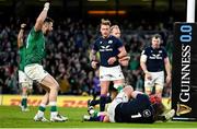 19 March 2022; Robbie Henshaw of Ireland celebrates as teammate Josh van der Flier scores their side's third try during the Guinness Six Nations Rugby Championship match between Ireland and Scotland at Aviva Stadium in Dublin. Photo by Harry Murphy/Sportsfile