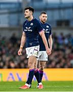 19 March 2022; Blair Kinghorn, left, and Finn Russell of Scotland during the Guinness Six Nations Rugby Championship match between Ireland and Scotland at Aviva Stadium in Dublin. Photo by Ramsey Cardy/Sportsfile