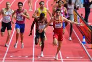 19 March 2022; Mariano García of Spain, right, crosses the line to win the men's 800m final from Noah Kibet of Kenya, third from left, during day two of the World Indoor Athletics Championships at the Stark Arena in Belgrade, Serbia. Photo by Sam Barnes/Sportsfile