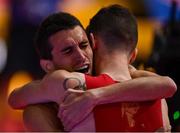 19 March 2022; Mariano García of Spain, left, celebrates with team-mate Álvaro De Arriba after winning the men's 800m final during day two of the World Indoor Athletics Championships at the Stark Arena in Belgrade, Serbia. Photo by Sam Barnes/Sportsfile