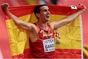 19 March 2022; Mariano García of Spain celebrates after winning the men's 800m final during day two of the World Indoor Athletics Championships at the Stark Arena in Belgrade, Serbia. Photo by Sam Barnes/Sportsfile
