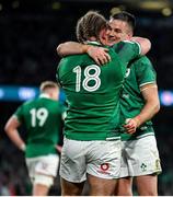 19 March 2022; Jonathan Sexton, right, and Finlay Bealham of Ireland celebrate their fourth try, scored by Conor Murray, not pictured, during the Guinness Six Nations Rugby Championship match between Ireland and Scotland at Aviva Stadium in Dublin. Photo by Brendan Moran/Sportsfile