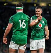 19 March 2022; Jonathan Sexton, right, and Rob Herring of Ireland celebrate their fourth try, scored by Conor Murray, not pictured, during the Guinness Six Nations Rugby Championship match between Ireland and Scotland at Aviva Stadium in Dublin. Photo by Brendan Moran/Sportsfile