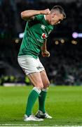 19 March 2022; Jonathan Sexton of Ireland celebrates his side's fourth try, scored by Conor Murray, not pictured, during the Guinness Six Nations Rugby Championship match between Ireland and Scotland at Aviva Stadium in Dublin. Photo by Brendan Moran/Sportsfile
