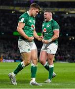 19 March 2022; Garry Ringrose, left, and Dave Kilcoyne of Ireland side's fourth try during the Guinness Six Nations Rugby Championship match between Ireland and Scotland at Aviva Stadium in Dublin. Photo by Brendan Moran/Sportsfile