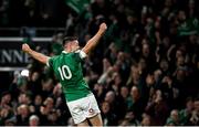 19 March 2022; Jonathan Sexton of Ireland celebrates after his side's fourth try, scored by Conor Murray, during the Guinness Six Nations Rugby Championship match between Ireland and Scotland at Aviva Stadium in Dublin. Photo by Harry Murphy/Sportsfile