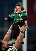 19 March 2022; Bundee Aki of Ireland celebrates with his one year old son Andronicus Junior Papamauin after the Guinness Six Nations Rugby Championship match between Ireland and Scotland at Aviva Stadium in Dublin. Photo by Brendan Moran/Sportsfile