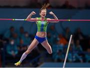 19 March 2022; Tina Šutej of Slovenia celebrates a clearance whilst competing in the women's pole vaultduring day two of the World Indoor Athletics Championships at the Stark Arena in Belgrade, Serbia. Photo by Sam Barnes/Sportsfile