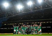 19 March 2022; The Ireland team celebrate with the Triple Crown trophy after the Guinness Six Nations Rugby Championship match between Ireland and Scotland at Aviva Stadium in Dublin. Photo by Ramsey Cardy/Sportsfile