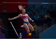 19 March 2022; Sandi Morris of USA celebrates a clearance whilst competing in the women's pole vaultduring day two of the World Indoor Athletics Championships at the Stark Arena in Belgrade, Serbia. Photo by Sam Barnes/Sportsfile