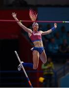 19 March 2022; Sandi Morris of USA celebrates a clearance whilst competing in the women's pole vaultduring day two of the World Indoor Athletics Championships at the Stark Arena in Belgrade, Serbia. Photo by Sam Barnes/Sportsfile