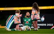 19 March 2022; Jamison Gibson Park of Ireland with his daughters Iris and Isabella after the Guinness Six Nations Rugby Championship match between Ireland and Scotland at Aviva Stadium in Dublin. Photo by Harry Murphy/Sportsfile