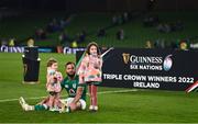 19 March 2022; Jamison Gibson Park of Ireland with his daughters Iris and Isabella after the Guinness Six Nations Rugby Championship match between Ireland and Scotland at Aviva Stadium in Dublin. Photo by Harry Murphy/Sportsfile
