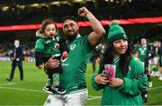 19 March 2022; Bundee Aki of Ireland celebrates with his one year old son Andronicus Junior Papamauin after the Guinness Six Nations Rugby Championship match between Ireland and Scotland at Aviva Stadium in Dublin. Photo by Harry Murphy/Sportsfile