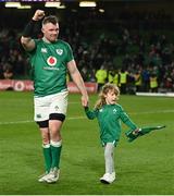 19 March 2022; Peter O’Mahony of Ireland with his daughter Indie after the Guinness Six Nations Rugby Championship match between Ireland and Scotland at Aviva Stadium in Dublin. Photo by Harry Murphy/Sportsfile