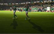 19 March 2022; Hugo Keenan, right and Caelan Doris of Ireland celebrate after the Guinness Six Nations Rugby Championship match between Ireland and Scotland at Aviva Stadium in Dublin. Photo by Harry Murphy/Sportsfile