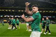 19 March 2022; Hugo Keenan of Ireland celebrates after the Guinness Six Nations Rugby Championship match between Ireland and Scotland at Aviva Stadium in Dublin. Photo by Harry Murphy/Sportsfile
