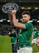 19 March 2022; Hugo Keenan of Ireland with The Triple Crown Trophy after the Guinness Six Nations Rugby Championship match between Ireland and Scotland at Aviva Stadium in Dublin. Photo by Harry Murphy/Sportsfile