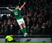 19 March 2022; Jonathan Sexton of Ireland celebrates his side's fourth try, scored by Conor Murray, not pictured, during the Guinness Six Nations Rugby Championship match between Ireland and Scotland at Aviva Stadium in Dublin. Photo by Harry Murphy/Sportsfile