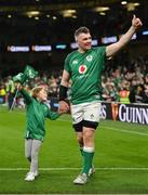 19 March 2022; Peter O’Mahony of Ireland with his daughter Indie after the Guinness Six Nations Rugby Championship match between Ireland and Scotland at Aviva Stadium in Dublin. Photo by Brendan Moran/Sportsfile