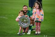 19 March 2022; Jamison Gibson Park of Ireland and his daugters Iris and Isabela with the Triple Crown trophy after the Guinness Six Nations Rugby Championship match between Ireland and Scotland at Aviva Stadium in Dublin. Photo by Brendan Moran/Sportsfile