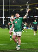 19 March 2022; Tadhg Furlong of Ireland with the Triple Crown trophy after the Guinness Six Nations Rugby Championship match between Ireland and Scotland at Aviva Stadium in Dublin. Photo by Brendan Moran/Sportsfile