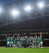 19 March 2022; The Ireland team celebrate with the Triple Crown trophy after the Guinness Six Nations Rugby Championship match between Ireland and Scotland at Aviva Stadium in Dublin. Photo by Ramsey Cardy/Sportsfile