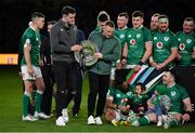19 March 2022; James Ryan, left, and Andrew Conway with the Triple Crown Trophy after the Guinness Six Nations Rugby Championship match between Ireland and Scotland at Aviva Stadium in Dublin. Photo by Brendan Moran/Sportsfile