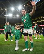 19 March 2022; Peter O’Mahony of Ireland with his daugter Indie after the Guinness Six Nations Rugby Championship match between Ireland and Scotland at Aviva Stadium in Dublin. Photo by Ramsey Cardy/Sportsfile