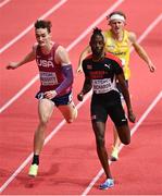 19 March 2022; Jereem Richards of Trinidad and Tobago, right, on his way to winning the men's 400m final from Trevor Bassitt of USA, left, during day two of the World Indoor Athletics Championships at the Stark Arena in Belgrade, Serbia. Photo by Sam Barnes/Sportsfile