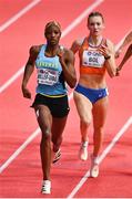 19 March 2022; Shaunae Miller-Uibo of Bahamas, left, on her way to winning the women's 400m final from Femke Bol of Netherlands, right, during day two of the World Indoor Athletics Championships at the Stark Arena in Belgrade, Serbia. Photo by Sam Barnes/Sportsfile