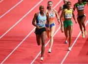 19 March 2022; Shaunae Miller-Uibo of Bahamas, left, on her way to winning the women's 400m final from Femke Bol of Netherlands, second from left, during day two of the World Indoor Athletics Championships at the Stark Arena in Belgrade, Serbia. Photo by Sam Barnes/Sportsfile